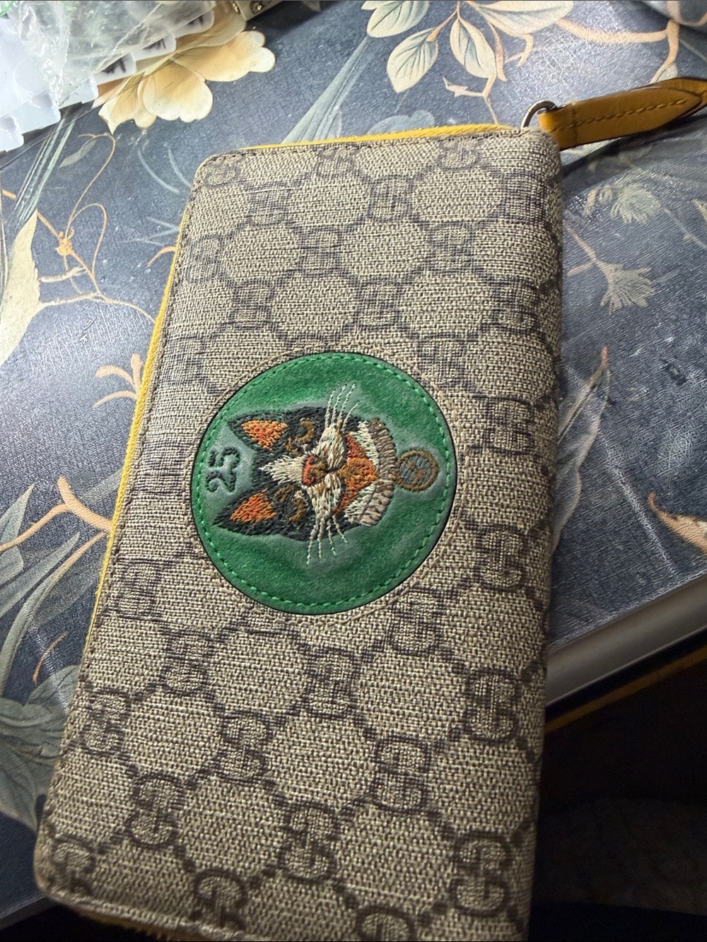 Gucci Beige Monogram Zip Phone Case with Green Cat Patch